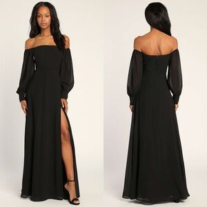 NWT LULUS Off Shoulder Chiffon Puff Long Sleeve Whimsigoth Wedding Guest Gown L